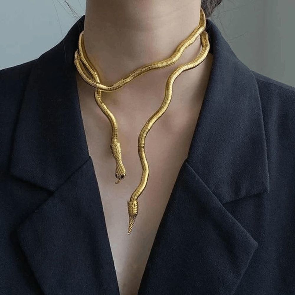 Gold Black Diamond Eyed Gothic Snake Necklace or Arm Wrap Cuff